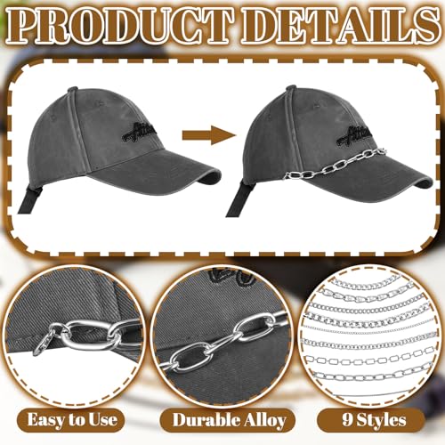 Image of Geyoga 9 Pcs Trucker Hat Chains Trucker Hat Charms Women Man Decoration Detachable DIY Metal Chain for Mesh Baseball Cap(Silver,Simple)