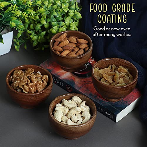 Image of Set of 3 Acacia Wood Small Bowls 4 fl oz | 3.25 * 2 inches | Hand Carved Wooden Kitchen Cups for Serving dips, Sauce, Nuts, Candy and Condiments | Cute mini Cups