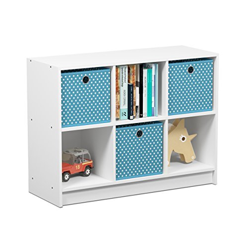 Furinno BASIC Book Shelf, 6-Cube Bookshelf with Open Shelf, 3 x 2 Bookcase with Storage Bins, Closed Back, Horizontal, 11.9 x 31.6 x 23.6, for Living Room, Bedroom, Home Office, White/Light Blue by Furinno - Used condition - US$33.70