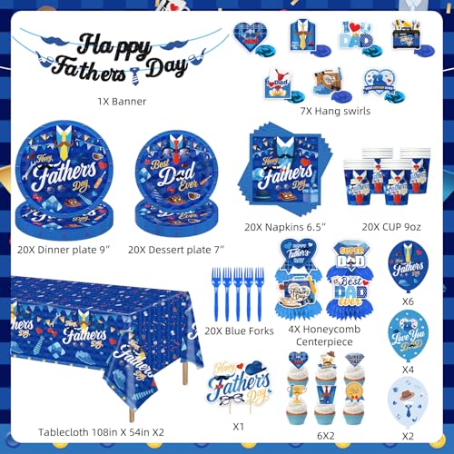 139Pcs Fathers Day Decorations, Happy Fathers Day Party Set with Plates, Napkins, Cups, Tablecloth, Banner, Balloons, Haning Swirls, Cake Topper, Cupcake Toppers for Dad Birthday Party, Serves 20 by CHYAGCLT - Used condition - Image 2