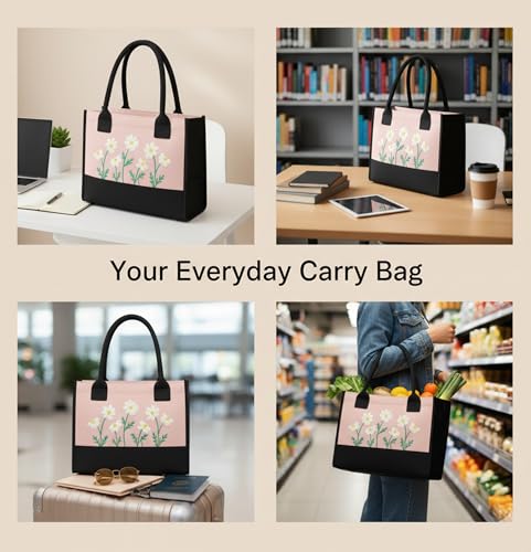 Image of Cotton Tote Bag For Woman Stylish | Embroidered Canvas Hand Bag With Floral Design | Casual Shoulder Bag Zipper For College Girls, Office, Daily Use, Travel, Beach, Shopping