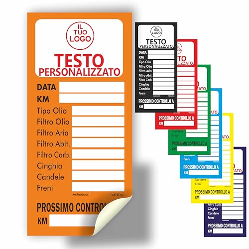 Mr Pubblicità - 105 Etichette Adesive per Tagliando Auto – 5x10 cm – PERSONALIZZATE con Logo e/o Testo – Multicolore – Ideali per Cambio Olio, Manutenzione e Officine – Adesione Forte (Arancio)