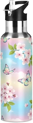 Miniatura 8 de Botella de agua de acero inoxidable aislada con diseño de flores de cerezo pastel con pajilla, botellas de agua a prueba de fugas de 20 onzas,