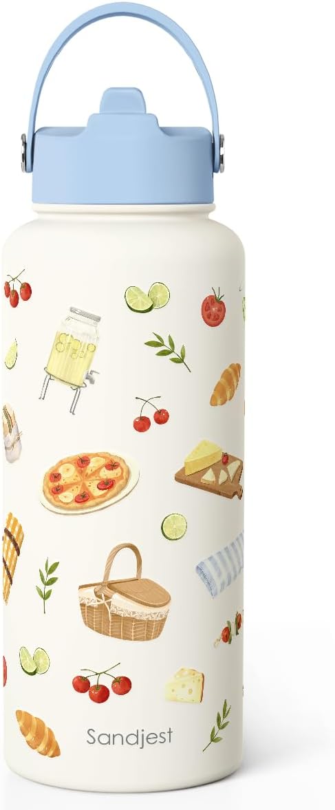 Picnic Gift for Women, Water Bottle Stainless Steel 32oz with Lid & Straw, Summer Vibe Insulated Bottles Gifts for Girls Friends Teens Birthday Christmas