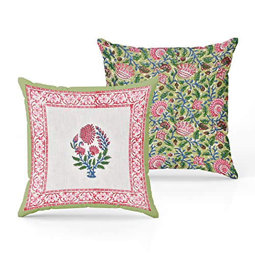 Image of BLOCKS OF INDIA Hand Block Printed Cotton Linen Cushion Cover (16 X 16 Inches) (Green Motifs), 250 TC