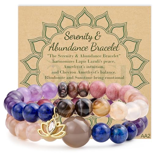 Bivei Crystal Bracelets - Women 8mm Natural Reiki Semi Precious Gemstone Chakras Bead Stretch Bracelet with Lotus Charm(17cm Serenity & Abundance Bracelet)