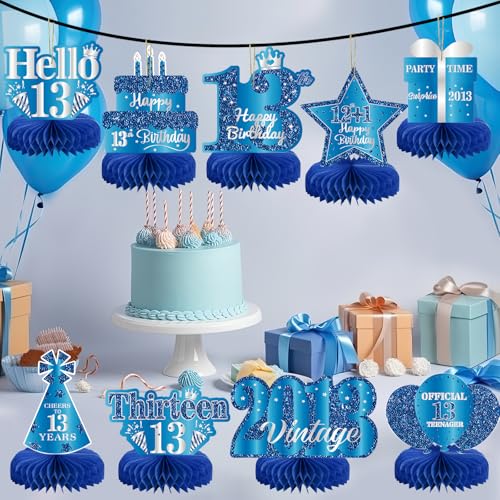 Image of 9Pcs 13th Birthday Decorations Blue Silver 13th Birthday Party Decorations for Teens Boys Girls,Happy 13 Years Birthday Honeycomb Centerpieces Table Sign Decor Supplies