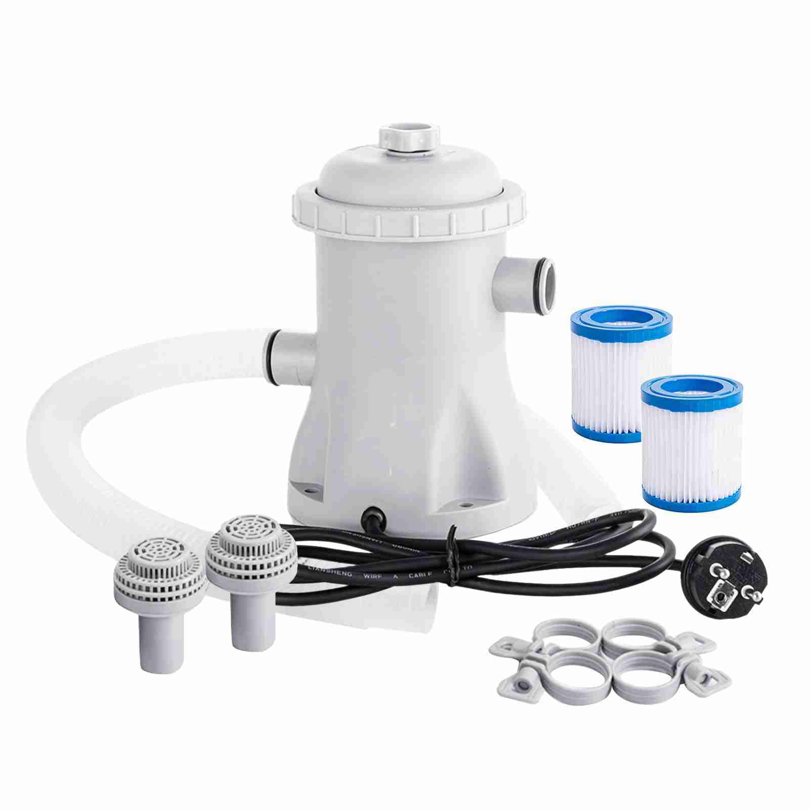 Kavolet Bomba de filtro de piscina de 16 W, 1.250 L/h, bomba de agua eléctrica con 2 cartuchos de filtro de piscina, bomba de piscina sobre el suelo, sistema de filtro de cartucho pequeño
