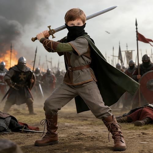 Image of 8 Pcs Medieval Viking Costume for Kids Boys Renaissance Dress Up