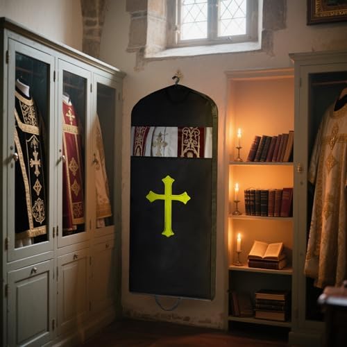 Clergy 옷 걸이용 맞춤형 의류 가방 - 창문이 있는 골드 자수 십자가 - 성직자 가운, 여성용 성직자 드레스, 남성용 성직자 로브 커버 백 (블랙, 60 in / 152cm/60인치) — 사진 6