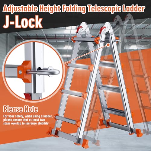 Image of A Frame Ladder, 14FT Aluminum 4 Step Ladder Foldable, 330LBS, Silver Orange