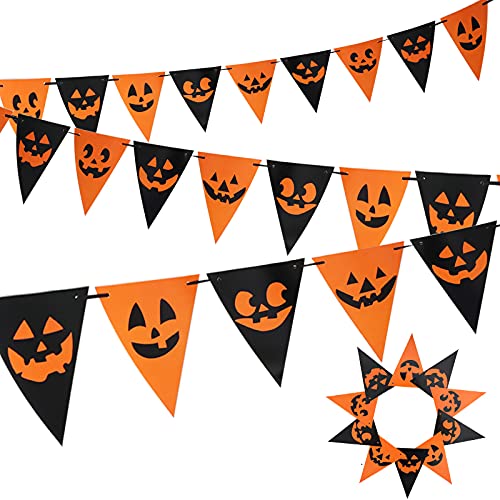 Whaline 30Pcs/29.5Ft Halloween Pumpkin Pennant Bunting Paper Banner, Orange Black Pumpkin Triangle Flag Bunting Garland for Halloween Home Party Outdoor Indoor Decoration