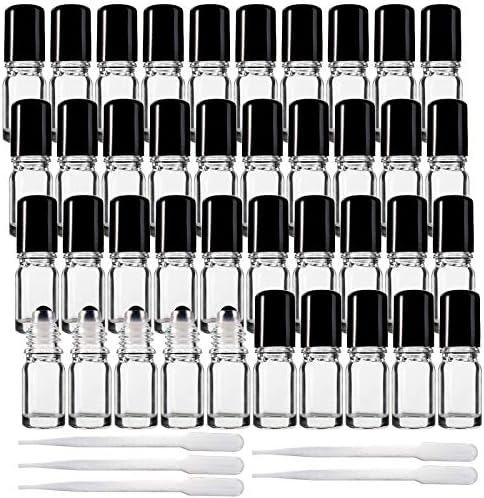 Jucoan 40 Pack 5ml Clear Glass Roll on Bottles, Refillable Essential Oil Bottles with Stainless Steel Roller Balls and 5 Droppers for Sample, Travel, DIY Cosmetic Containers