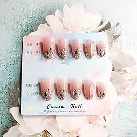 RikView Pink Press on Nails Medium Fake Nails Almond Acrylic Nails with Sequins 24 PCs/Set