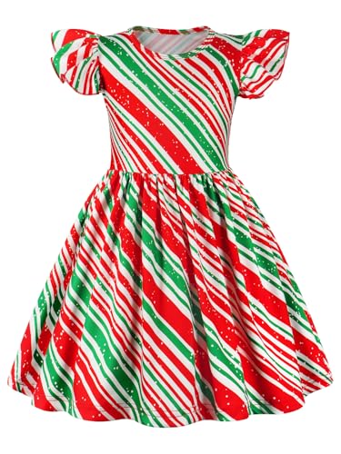 WonderBabe Kids Girl Christmas Dress Casual Short Sleeve Dresses Christmas Stripes Print Sundress Princess Dress for Toddlers Size 7-8 Years