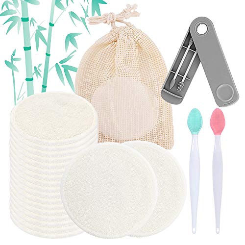 18 Dischetti Struccanti Lavabili In Fibra Di Bambù, 1 Borsa per bucato di Cotone, 2 Cotton Fioc Riutilizzabile, 2 Silicone Spazzola Esfoliante per Labbra Strumento Pennello