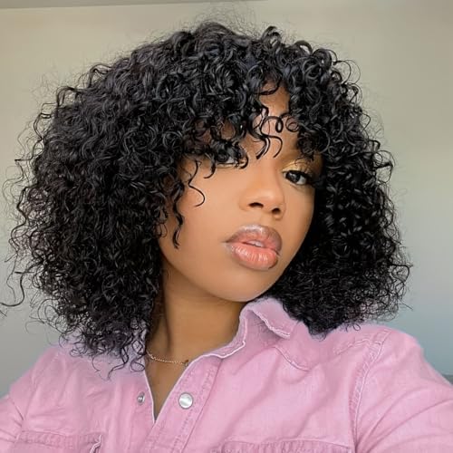 Youngirl Short Curly Wig Human Hair Wigs with Bangs Glueless Curly Wig for Black Women Brazilian Virgin Human Hair Machine Made 150% Density None Lace Natural Black