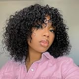 Youngirl Short Curly Wig Human Hair Wigs with Bangs Glueless Curly Wig for Black Women Brazilian Virgin Human Hair Machine Made 150% Density None Lace Natural Black