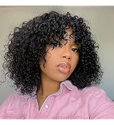 Youngirl Short Curly Wig Human Hair Wigs with Bangs Glueless Curly Wigs for Black Women Brazilian...