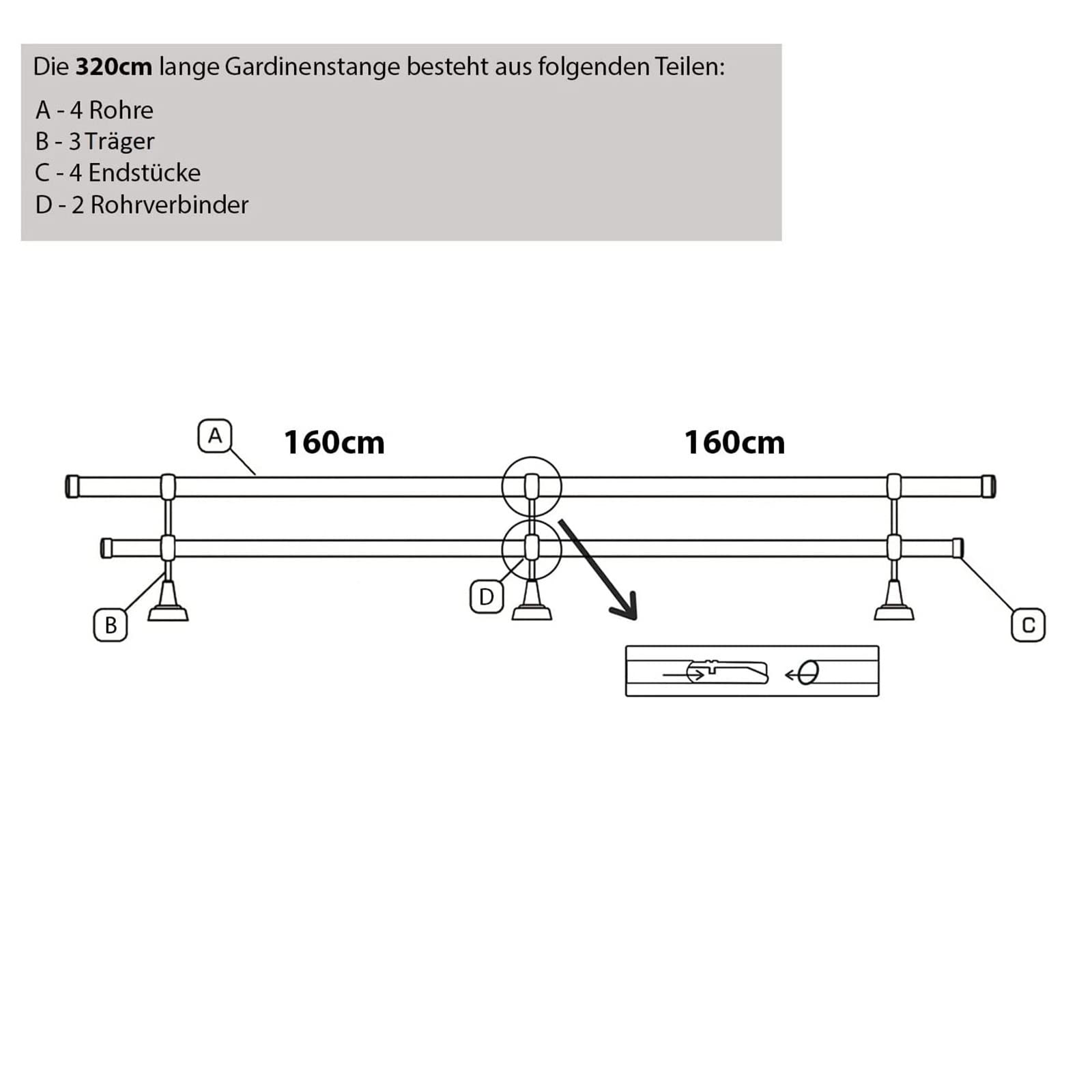 MDEKOR Tringle à rideaux double rail en métal aspect inox diam.19 mm 320