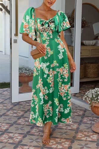 Image of Fashionme Womens Dresses 2026 Maxi Dresses Deep V Neck Elegant Bow Tie Front Cap Sleeve Summer Floral Satin Smocked Dress