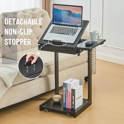 Image of Uniclinens C Shaped End Table for Couch, Rolling Side Table with Wheels Adjustable, Solid Wood TV Sofa Arm Eating Tray Table for Multi-Purpose, Small Coffee Table Living Room Bedroom, Black