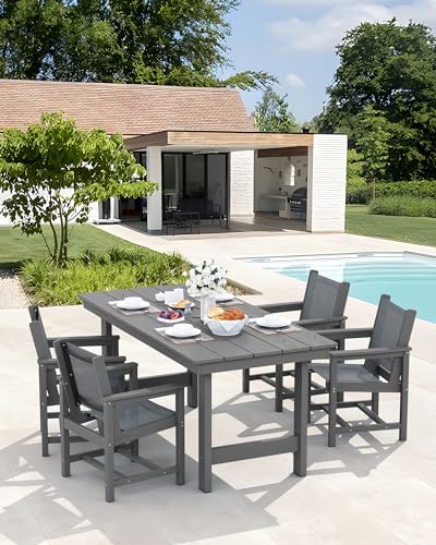Image of SERWALL 5 Piece Patio Dining Sets, Outdoor HDPE Dining Furniture Set with Umbrella Hole Cut-Out Table and 4 Woven Chairs, Gray