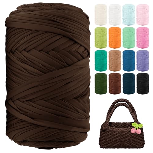 Image of T Shirt Yarn 130 Yards Beginner Crochet Tshirt Yarn 400g Elastic Fabric Thick T-Shirt Yarns for Crocheting, Knitting Bags, Baskets, Rugs, Coasters, DIY Crafts, Home Decor (Coffee)