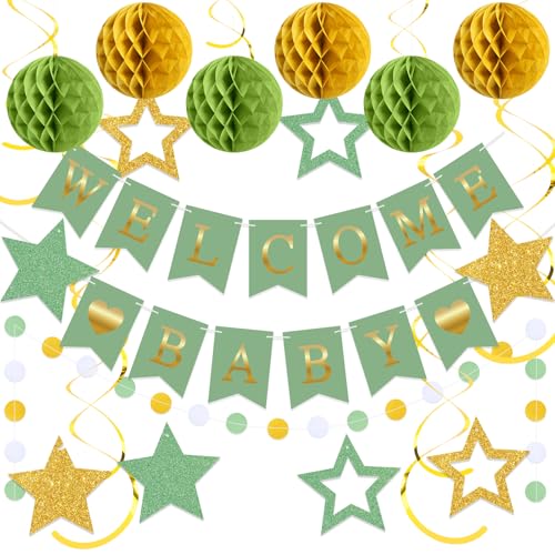 Image of WinnerWhy 25 Pcs Baby Shower Sage Green Decoration, Neutral Green Welcome Baby Banner with Glitter Stars, Hanging Swirls, Honeycomb Balls, Circle Dots Decorations for Gender Neutral Reveal Party Decor