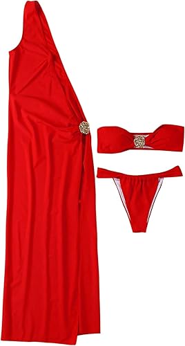 SOLY HUX Women's 3 Piece Swimsuit Bandeau Bikini Set Bathing Suit with Cover Up 