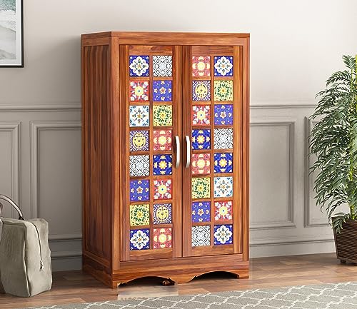Image of Sheesham Wood Wooden 2 Door Wardrobe Organizer for Clothes | - Solid Wood Almirah with 2 Shelves - with Hanging Space Cupboard for Large Bedroom (Design 22)