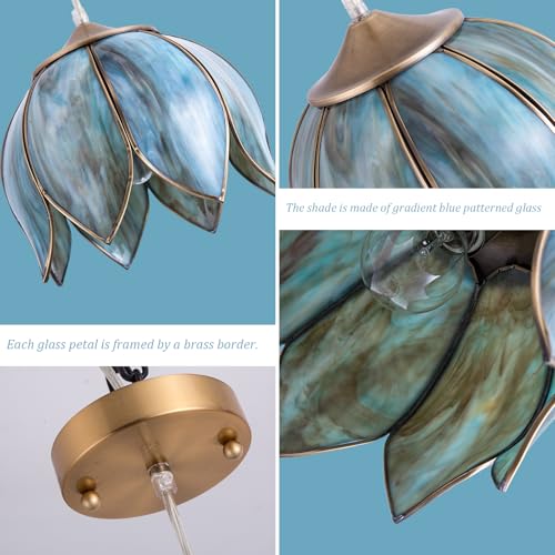 Image of Brass Glass Ceiling Tiffany Pendant Light, Hanging Chain lamp, with Vintage Lotus Flower Glass Shade for Kitchen Island Dining Room Bedroom Living Room-9.25 inch Stained Glass Shade