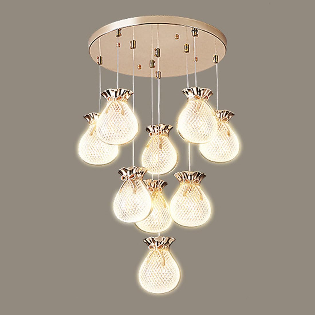 HXYSXHJUO G9 modern lucky bag chandelier, simple dining room creative bedroom hall lamp, living duplex staircase villa lamp,Gold,9 head round disc
