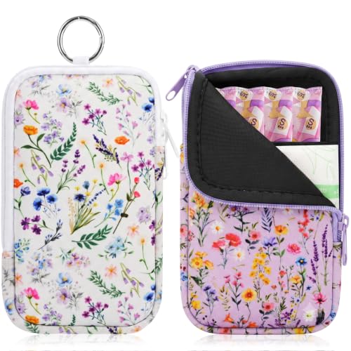 Image of KJQJLY 2 Pack Portable Tampon Organizer Bag Tampon Holder & Storage Case with Zipper for Travel, Discreet Period Bag for Purse, Waterproof Feminine Products Pouch for Women (Wildflower Lavender)