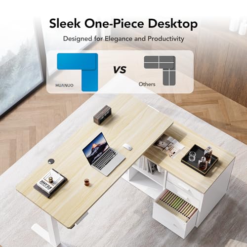 Image of HUANUO L Shaped Standing Desk, Electric Executive Desk with Drawers, Adjustable Height Stand Up Desk, 55″ x 23.6″ One-Whole Piece Desktop, Computer Desk with 4 Memory Presets, Light Walnut