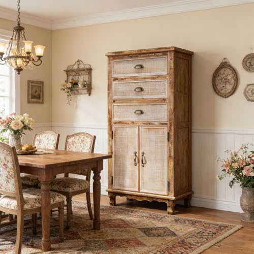 Image of Rustic Tall Storage Cabinet - Distressed Solid Wood Frame Accent Cabinet with 3 Drawers & 2 Doors, Farmhouse Freestanding Floor Cabinet for Entryway, Living Room, Hallway