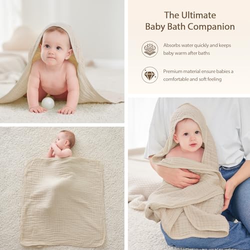 Image of Unnivoll Hooded Baby Towels for Newborn - 2 Pack, 100% Muslin Cotton, Baby Bath Towels with Hood, Soft and Absorbent for Boys, Girls Infant, Toddler and Kids, Large 32x32 Inches, Newborn Essential