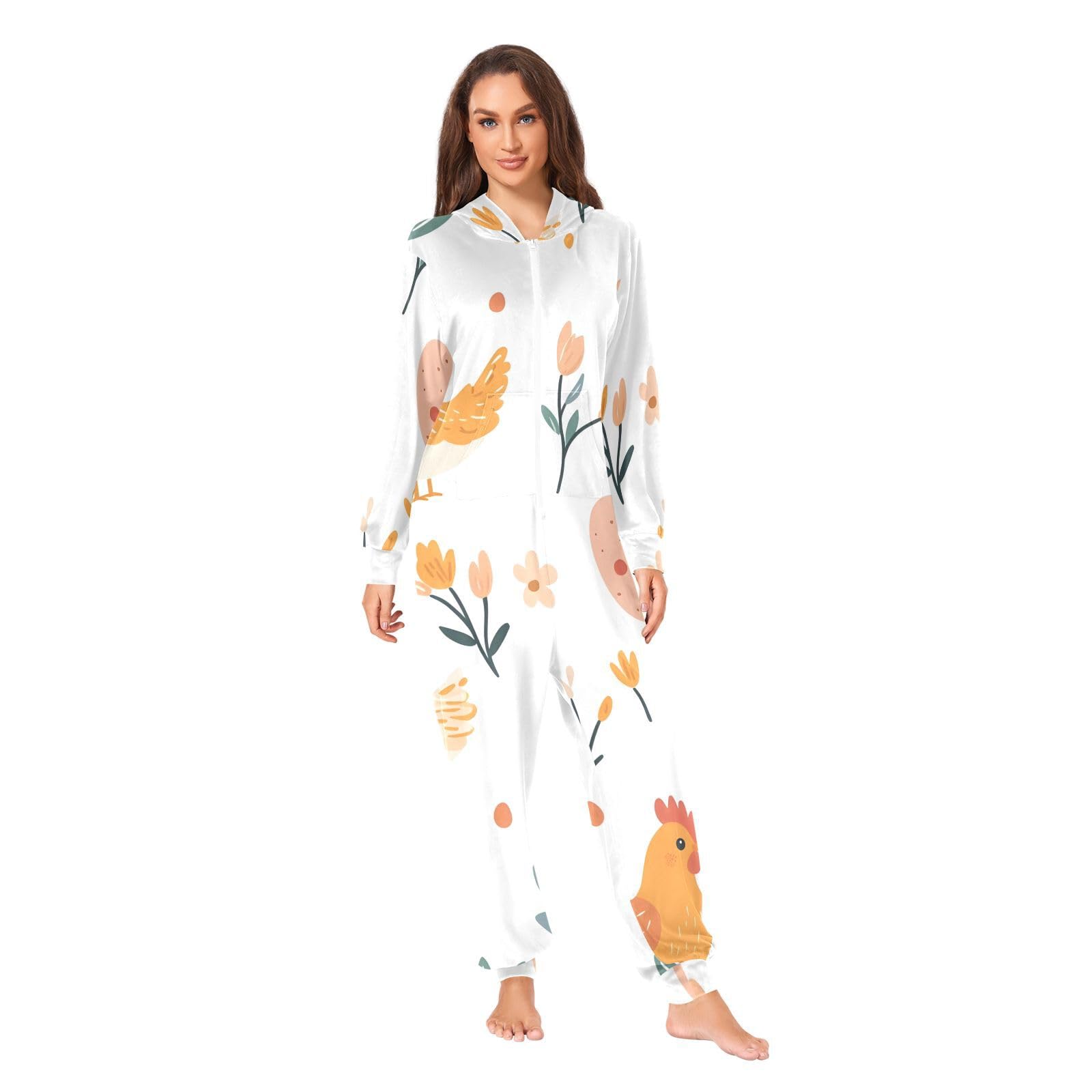 Carino Polli Fiori Bianco Onesie Adulto, Morbido Pigiama Tuta Intero