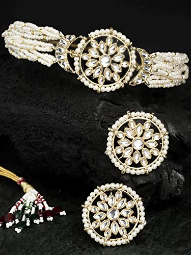 Karatcart Gold Plated Floral Kundan White Pearl Choker Necklace Set for Women - Image 5