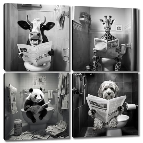 Image of Black and White Canvas Wall Art - 4 Panels Framed Lovely Animals Reading Newspaper in the Bathroom Canvas Painting Cute Cow Deer Panda and Dog Pictures Wall Decoration for Restroom WC 12x12 inches
