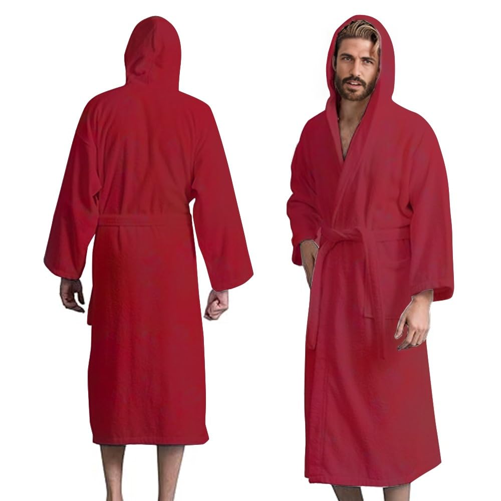 Men’s Hooded Bathrobe, 100% Cotton Terry Bathrobe, Spa Style Bath Robe, Absorbent Shower Robe, Lightweight Towel Bathrobes