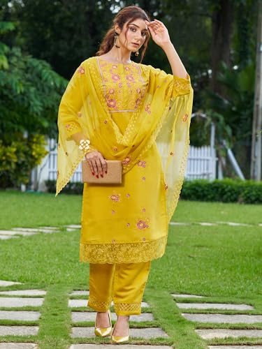 Image of INDO ERA Women's Silk Blend Straight Kurta and Pant with Dupatta Set