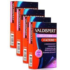 VALDISPERT – Mélatonine 1 mg – 4 ACTIONS: ENDORMISSEMENT # RELAXATION # DIMINUTION des REVEILS NOCTURNES # SOMMEIL DE QUALITE – 4 Mois de TRAITEMENT – 4 Boites de 30 Capsules (4)