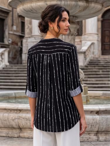 Image of Bulotus 3 /4 Length Sleeve Womens Striped Tops Zipper V Neck Collared Blouses Business Casual Tunics 2026 Spring Trendy