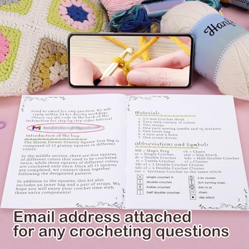 Image of Hanfetch Crochet Kit for Advanced or Intermediate Beginner, Step by Step Video Tutorial and Detailed Guide Instruction DIY Craft Supplies for Adult and Kid with Complete Kit for Granny Square Tote Bag