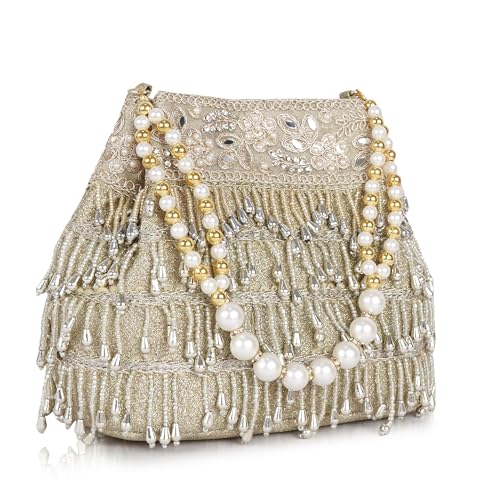 Image of Nevis PU Silk Women's Pearl & Bead Embellished Potli Bag with Beaded Handle | Designe Wedding & Festive Handbag