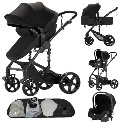 3 en 1 Sistema de Viaje Para Bebé 3 en 1 Silla de Paseo Cochecito de Paisaje Alto Carrito con Capazo Cochecito de Bebé Reclinable Cochecito Estándar Plegable de Recién Nacido (588 Black New)
