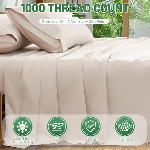 Image of 100% Egyptian Cotton Sheets Cal King Sheet Set 4PCS 1000 Thread Count Sateen Weave Soft Breathable 16-Inch Deep Pocket(California King,Linen)