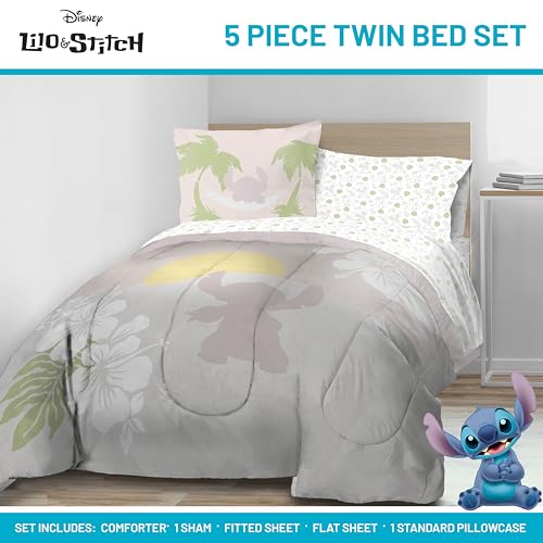 Image of Disney Lilo and Stitch Twin Comforter Set 5 Piece Bedding for Girls, Beige | Bed in a Bag, Comforter Sheets Sham Pillowcase, Official Product, Soft Microfiber, Machine Washable, Easy Care, Girls Gift