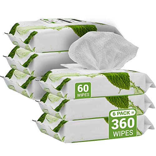 Herb & Luxe Face Wipes, Flip-Top Makeup Remover Facial Cleansing Wipes with Aloe Vera for Sensitive, Oily, dry Skin, Face/Hands/Body, Women/Men, 60 Count, Mint (Pack of 6 = 360 Wipes)